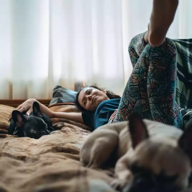 Mujer tumbada en la cama con sus dos perros